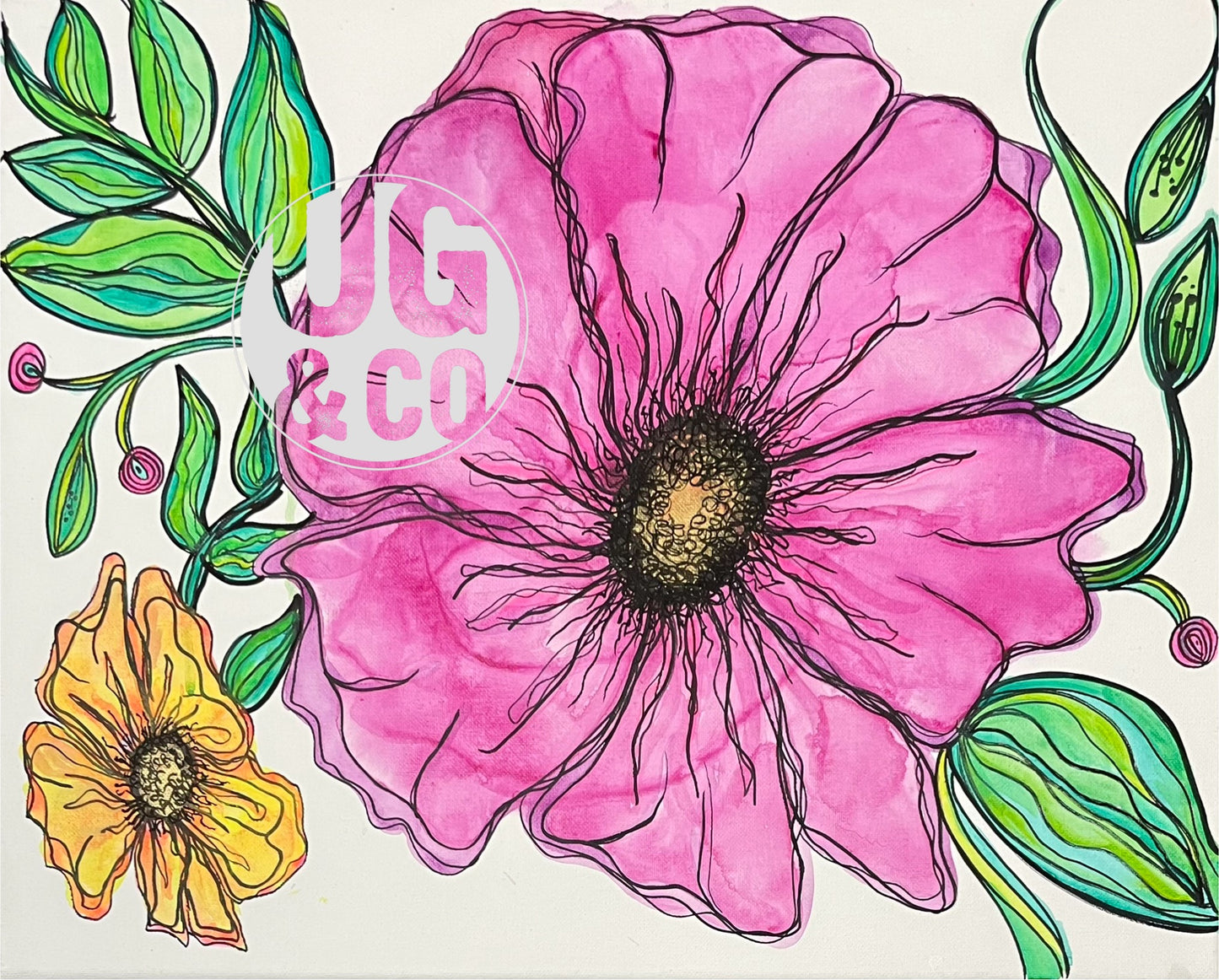 16x20 Water Colored Line Flower Original Handmade Wall Art