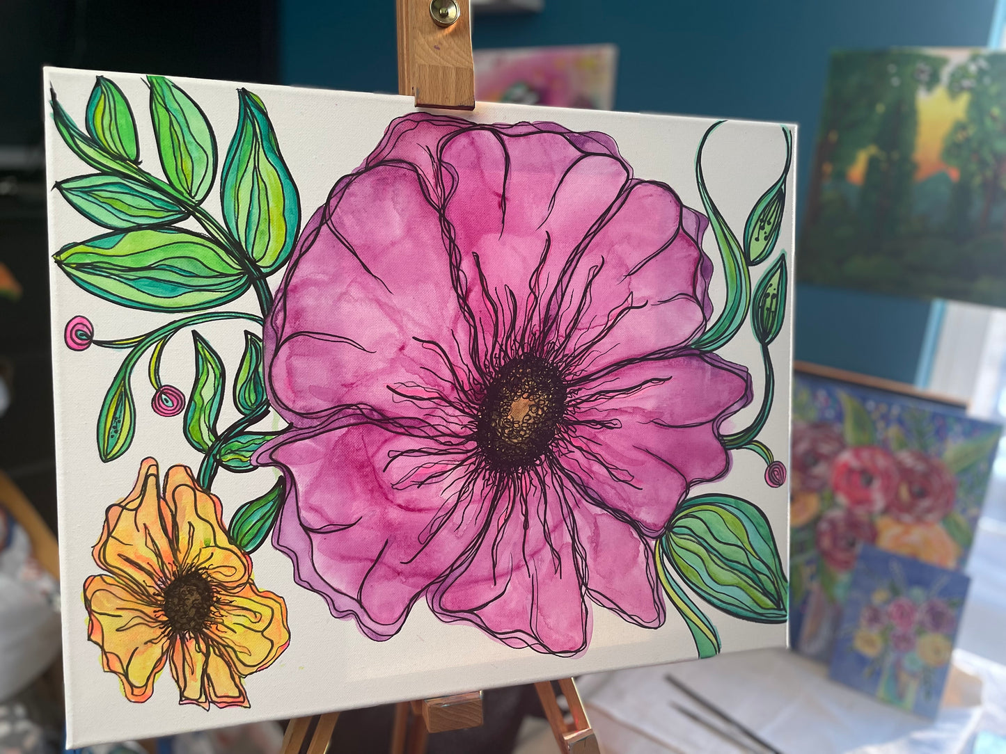 16x20 Water Colored Line Flower Original Kansas City Artisan Made