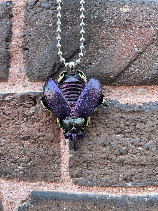 Hand painted Resin Beetle Pendant - Open Wings Purple Beetle
