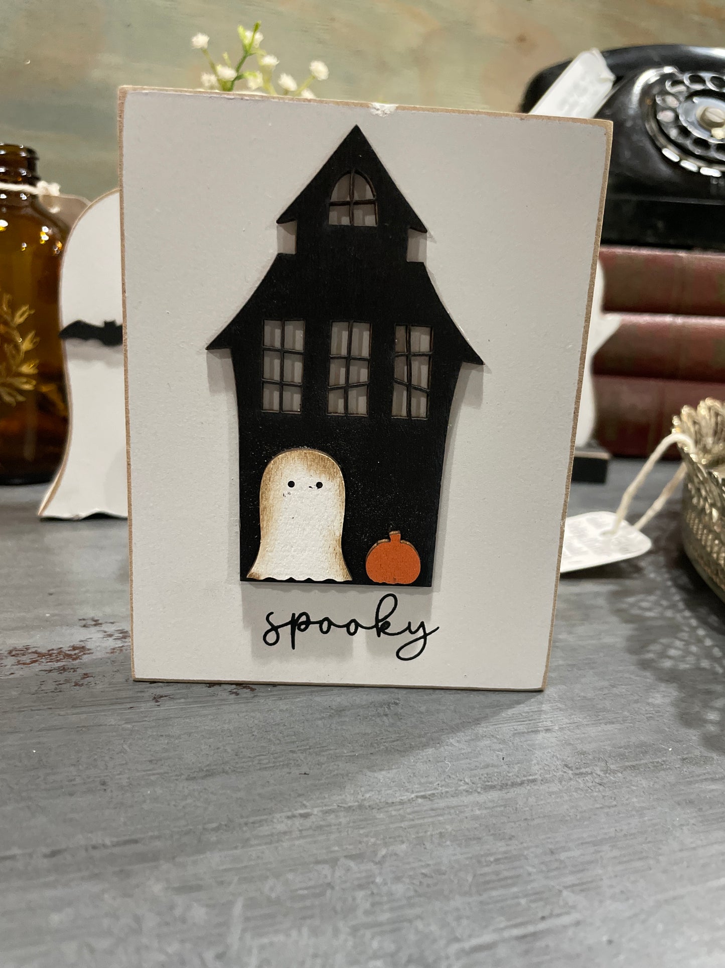 Shelf Sitter Spooky House with Ghost and Pumpkin