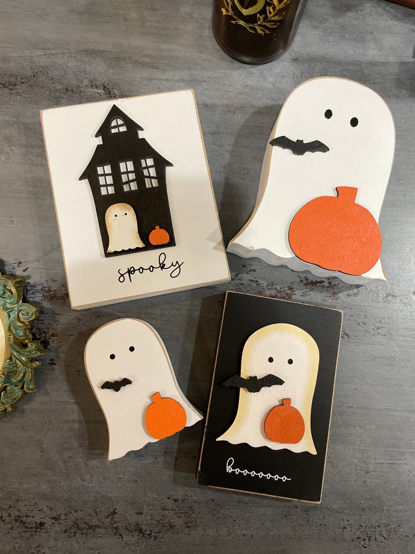 Shelf Sitter Spooky House with Ghost and Pumpkin