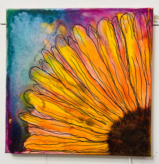 Water Color Sunflower 12x12 Original Art - Teal & Plum