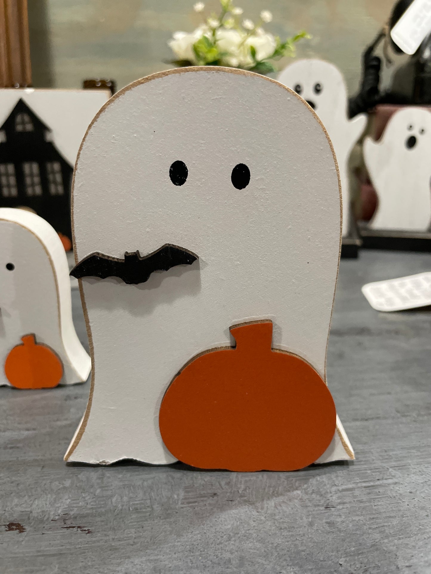 Shelf Sitter Ghost with pumpkin & bat 🎃 🦇 4 3/4 x 3 3/4