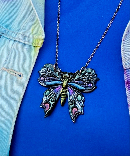 Multi Color Metallic Rainbow Butterfly Necklace Hand painted Resin on Copper Chain