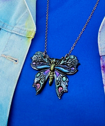 Multi Color Metallic Rainbow Butterfly Necklace Hand painted Resin on Copper Chain