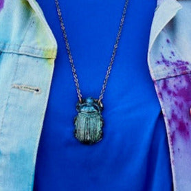 Hand painted Resin Beetle Pendant - Blue/Green Metallic on Long Copper Chain